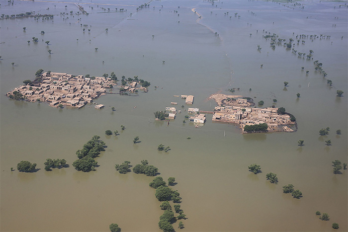 This aerial photograph taken on September 1, 2022 shows a flooded residential area after heavy monsoon rains in Dadu district of Sindh province. -AFP