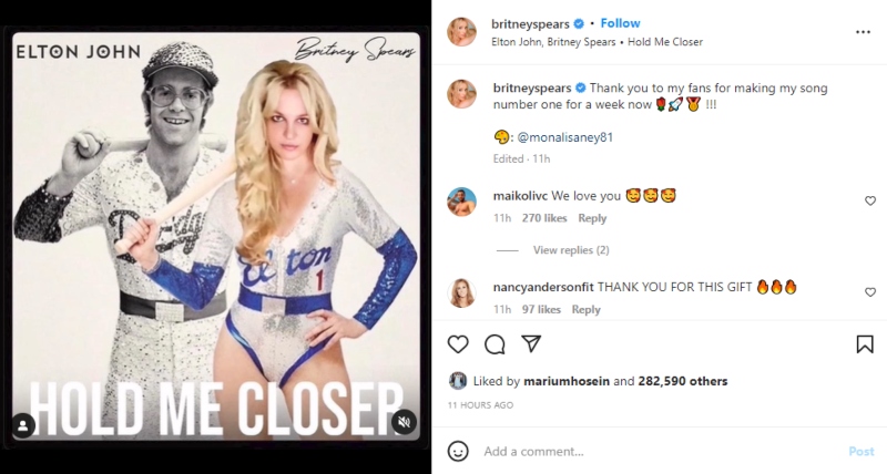 Britney Spears thanks fans for showering love on her duet with Elton John