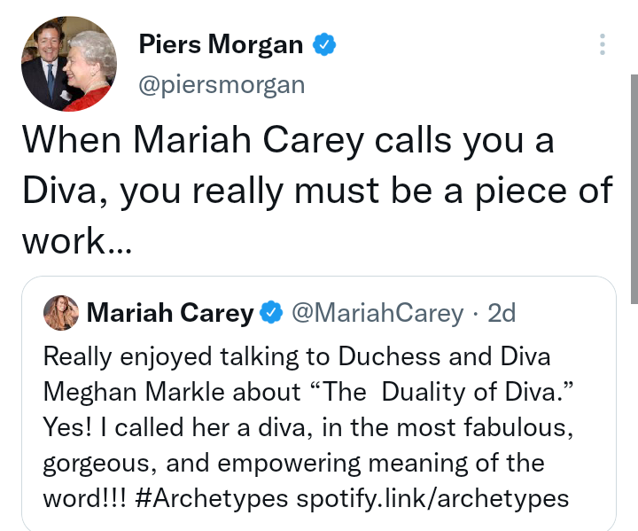 Piers Morgan trolls Mariah Carey for supporting Meghan Markle