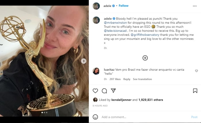 Adele feels ‘honored’ to win first Emmy award, expresses gratitude on Instagram