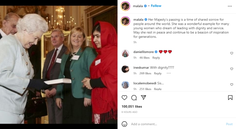 Malala Yousafzai pays touching tribute to Queen Elizabeth, ‘an inspiration for generations’