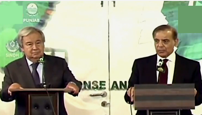 UN Secretary General Antonio Guterres during a joint press conference with Prime Minister Shehbaz Sharif in Islamabad on September 9, 2022. — Screengrab from APP