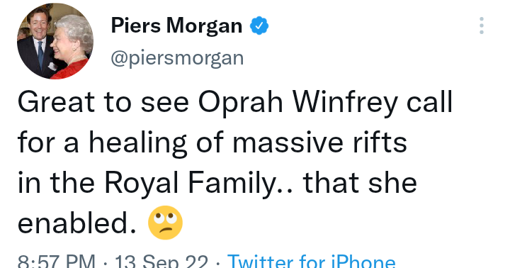 Piers Morgan attacks Oprah Winfrey for causing rifts in royal family