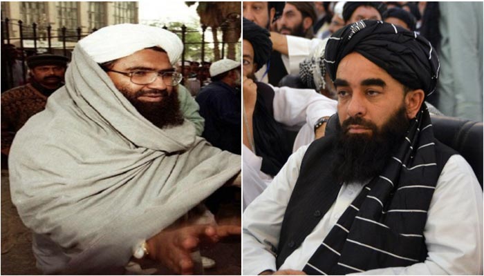 Head of the banned Jaish-e-Mohammed Maulana Masood Azhar (L) and Taliban spokesperson Zabihullah Mujahid. — AFP/File
