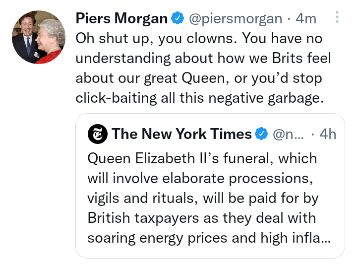 Piers Morgan lashes out at US media for reporting on Queens funeral