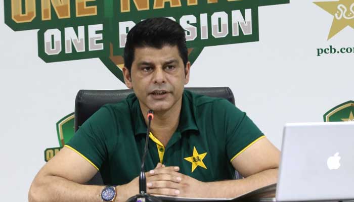 PCB Chief selector Muhammad Wasim unveils Pakistans squads for the T20I series against England and ICC Mens T20 World Cup 2022. Photo: Twitter/PCB