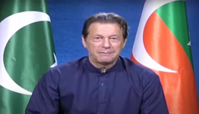 PTI Chairman Imran Khan speaks during his televised address. — Screengrab/Geo News/YouTube