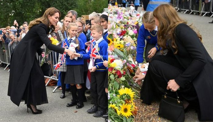 Kate Middleton o ajută pe fetița să plaseze jucăria Corgi printre tributurile aduse reginei