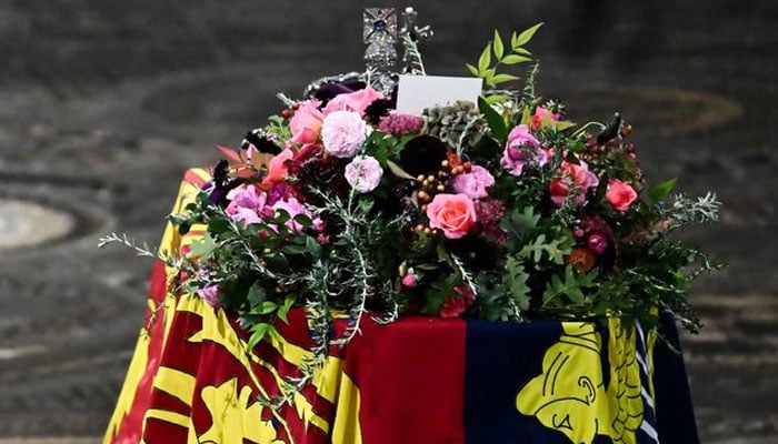Queen’s coffin pays tribute to her marriage with Prince Philips