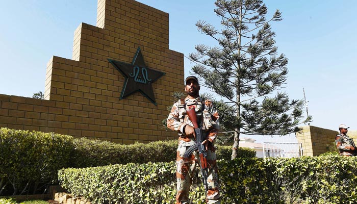 Ranger personnel stand guard outside the National Stadium in Karachi. — AFP/File
