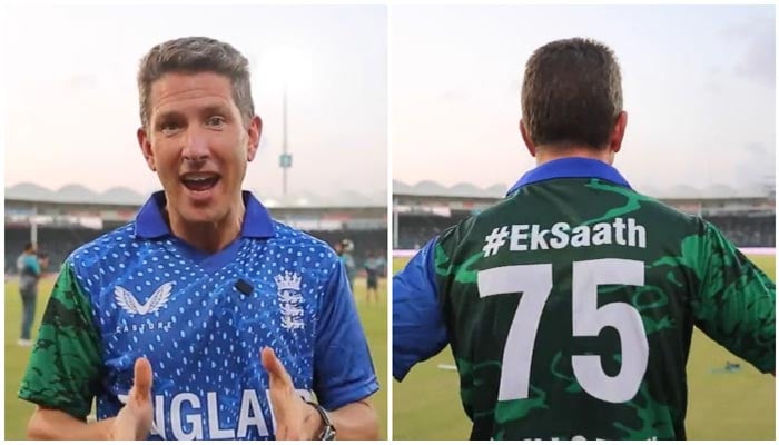 British High Commissioner to Pakistan Christian Turner wears a specially-designed jersey supporting both the England and Pakistan side in the ongoing T20I series. — Twitter/@CTurnerFCDO
