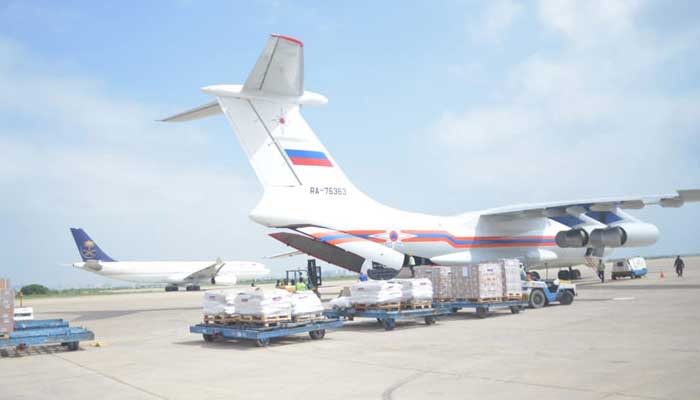A Russian plane carrying relief goods lands at Jinnah International Airport. — Radio Pakistan