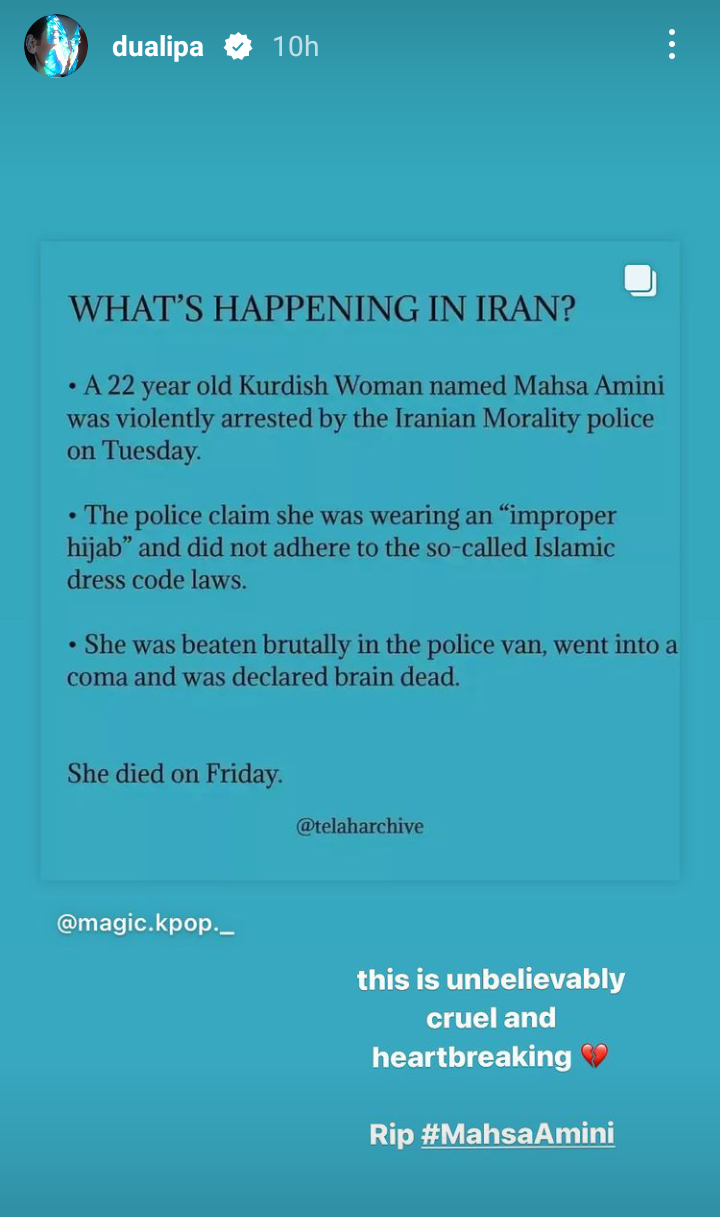 Dua Lipa memberikan penghormatan kepada Masha Amini yang kematiannya memicu protes di Iran