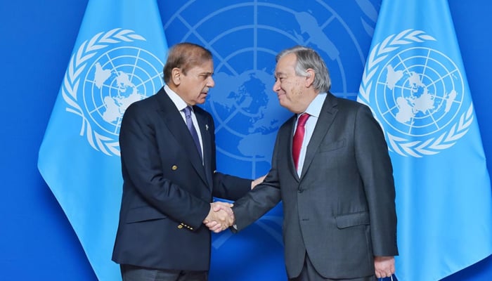 Prime Minister Shehbaz Sharif shakes hands with United Nations Secretary-General Antonio Guterres ahead of their meeting on the sidelines of the 77th session of the UN General Assembly, at the UN headquarters, on September 22, 2022. — Photo courtesy Prime Ministers Office