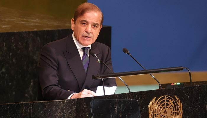 Pakistani Prime Minister Shehbaz Sharif speaks at the 77th session of the United Nations General Assembly (UNGA) at U.N. headquarters on September 23, 2022 in New York City. — AFP