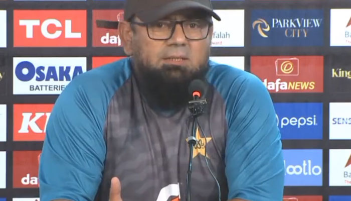 Saqlain Mushtaq addressing a press conference after the third T20I on Friday. Screengrab of a Twitter video