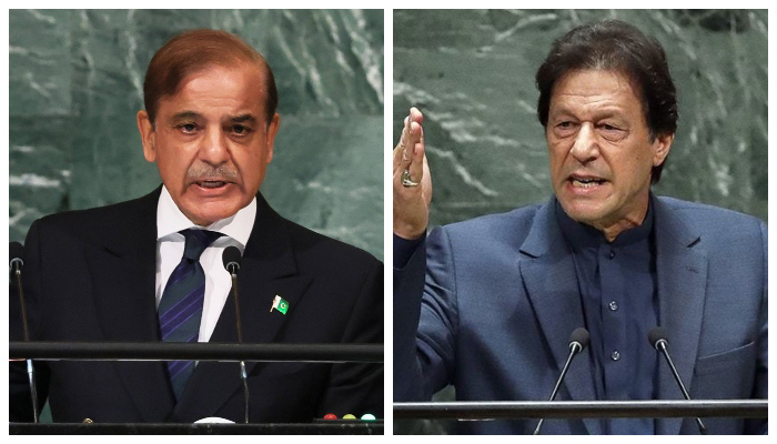 Former prime minister Imran Khan (right) and Prime Minister Shahbaz Sharif. — AFP/File