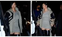 Rihanna Dazzles In Clinging Gray Dress And Thigh-high Leather Boots