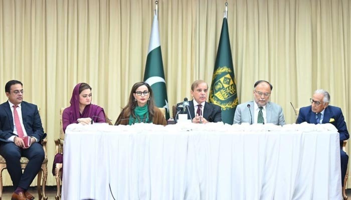 Prime Minister Shahbaz Sharif speaks during a press conference in Islamabad with cabinet members. — PID