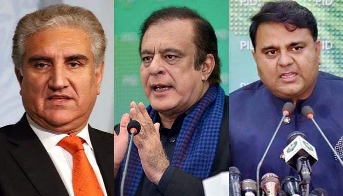 (Left to right) Picture collage of PTI leaders Shah Mahmood Qureshi, Shibli Faraz and Fawad Chaudhry. — Twitter/PID/File