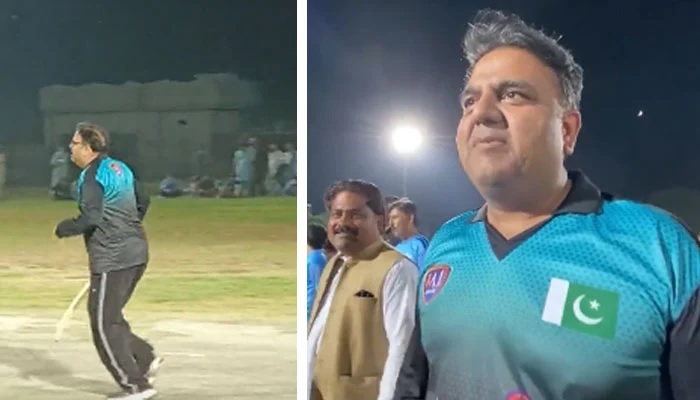 A screengrab from the video of PTI leader Fawad Chaudhry playing cricket.