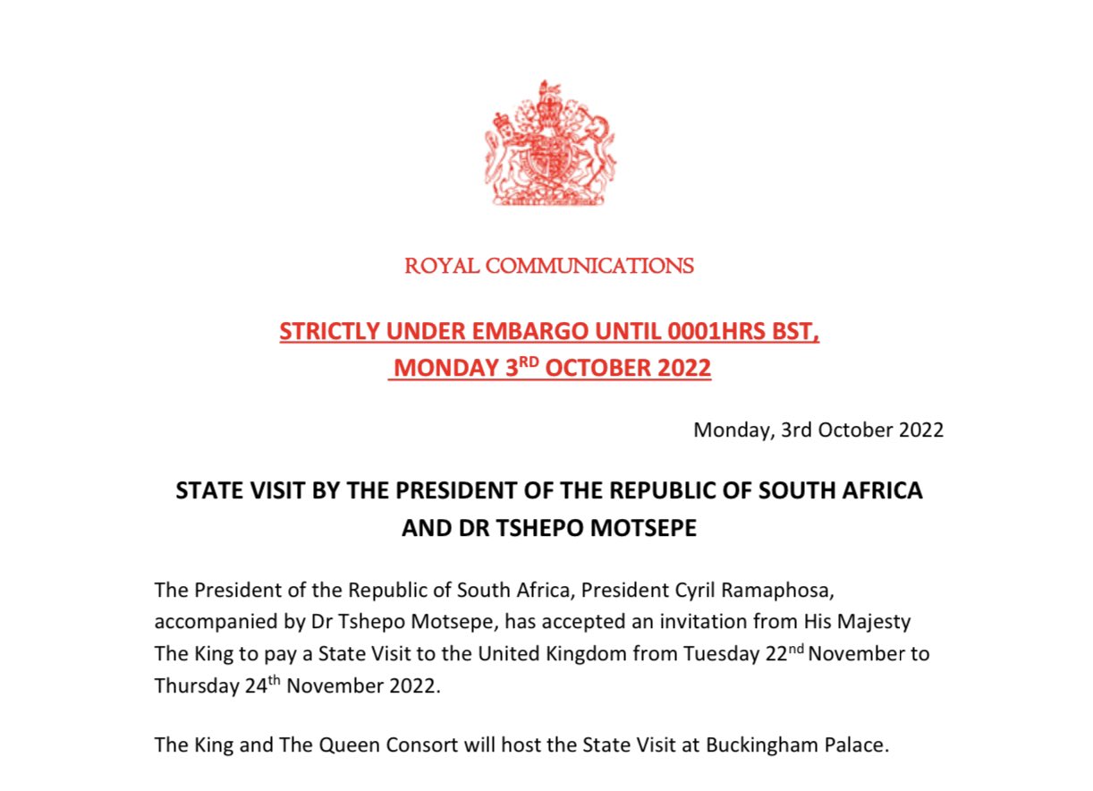 King Charles to host black president in first state visit of his reign