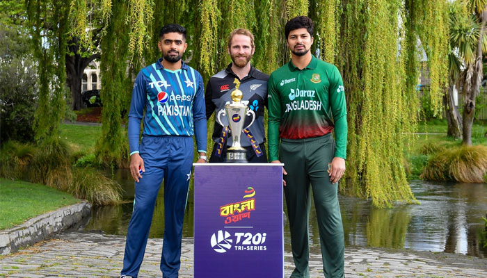 (From left to right) Pakistan skipper Babar Azam, Kiwis skipper Kane Williamson and Bangladesh skipper Shakib Al Hasan. — Twitter/PCB
