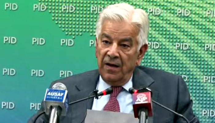Defence Minister Khwaja Muhammad Asif addresses a press conference in Islamabad. — Radio Pakistan