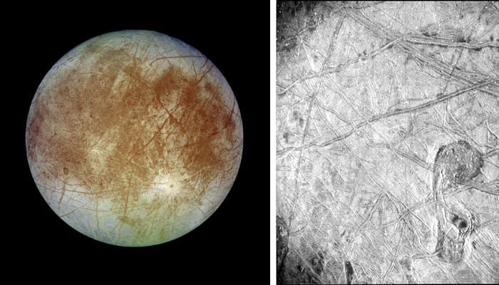 Jupiters moon Europa (L) and the latest image of the moon. — NASA