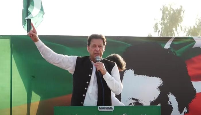 PTI Chairman Imran Khan addresses a jalsa in Mianwali, on October 7, 2022. — YouTube/HumNewsLive