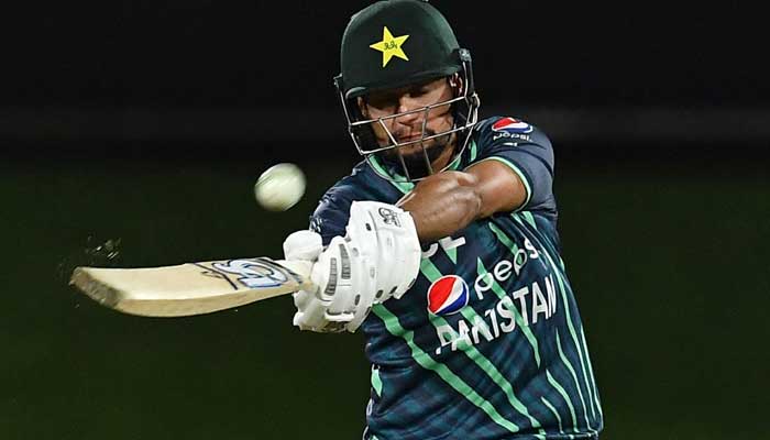 Pakistan´s Haider Ali plays a shot for six runs during the second cricket match between New Zealand and Pakistan in the Twenty20 tri-series at Hagley Oval in Christchurch on October 8, 2022. Photo: AFP