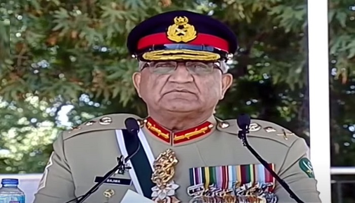A screengrab of Chief of Army Staff (COAS) General Qamar Javed Bajwa addressing the passing out ceremony of the 146th PMA Long Course at the military academy in Kakul. — Screengrab