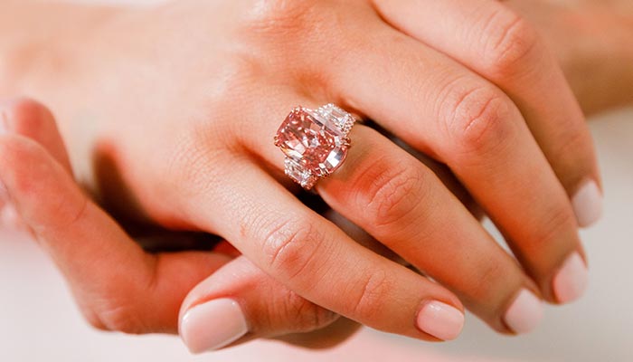 This undated image received from Sothebys auction house on October 8, 2022 shows the Williamson Pink Star diamond, which was sold at auction in Hong Kong for nearly 58 million USD on October 7, setting a record for price per carat for any diamond or gemstone, according to auction house Sothebys.