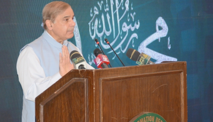 Prime Minister Shehbaz Sharif addresses a Seerat-un-Nabi conference in Lahore, on October 9, 2022. — APP