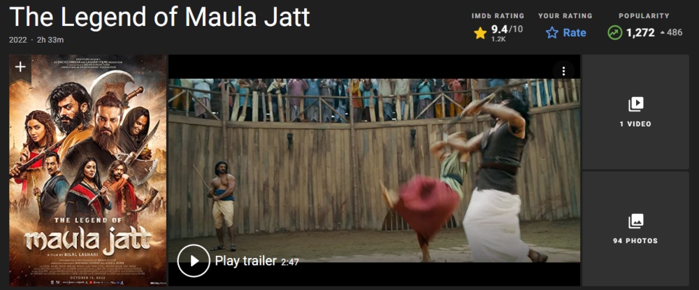 ‘The Legend of Maula Jatt’ rules IMDb rating on 3rd day of release