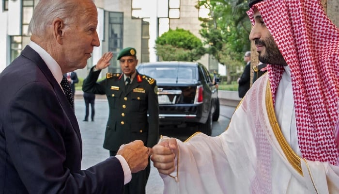 US President Joe Biden (left) has no plans to meet Saudi Crown Prince Mohammed bin Salman on the sidelines of the G20 summit, a top aide says -- the pair bumped fists at Al-Salam Palace in the Red Sea port of Jeddah in July 2022. -- Saudi Royal Palace/AFP/File