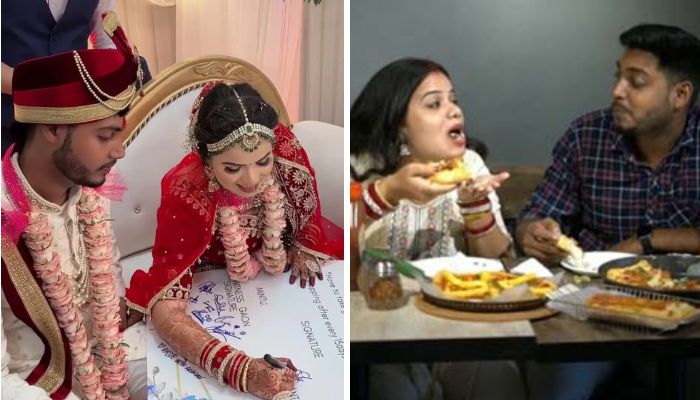 Shanti Prasad and Mintu Rai getting married (l), the couple having free pizzas (r).— Wedlock Photography/Raja Kangkan Saikis, Instagram screengrab