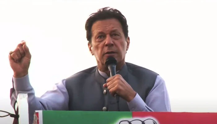 PTI Chairman Imran Khan addressing a jalsa in Mardan, on October 13, 2022. — screengrab from YouTube/GeoNews