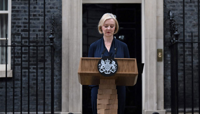 Britains Prime Minister Liz Truss reacts as she delivers a speech outside of 10 Downing Street in central London on October 20, 2022 to announce her resignation. — AFP/File