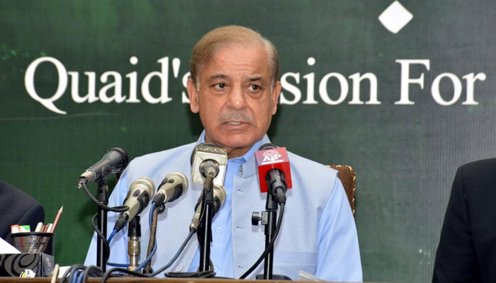 Prime Minister Shahbaz Sharif addressing a press conference in Islamabad on October 22, 2022.— PID