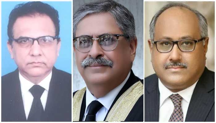 (From left to right) Justice Hasan Azhar Rizvi, Justice Athar Minallah and Justice Shahid Waheed — collage photo via websites of SHC, IHC and LHC.