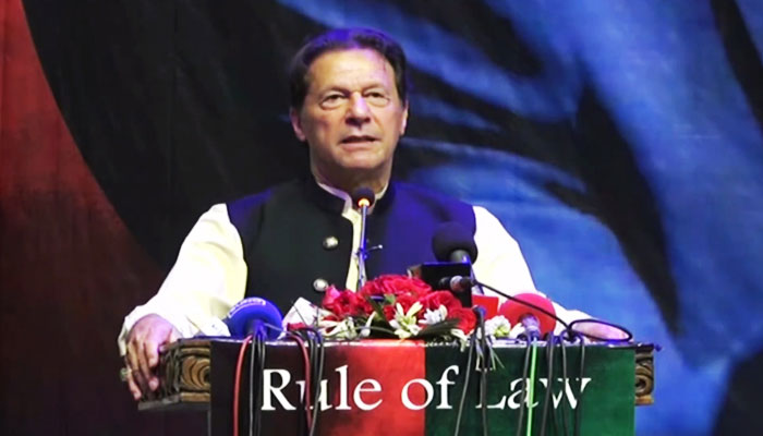 PTI Chairman and former prime minister Imran Khan addressing a lawyer’s convention in Peshawar on October 25, 2022. — YouTube screengrab/PTI