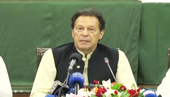 Former prime minister and PTI Chairman Imran Khan addressing a press conference in Lahore on October 25, 2022. — Screengrab via Twitter/@PTIofficial