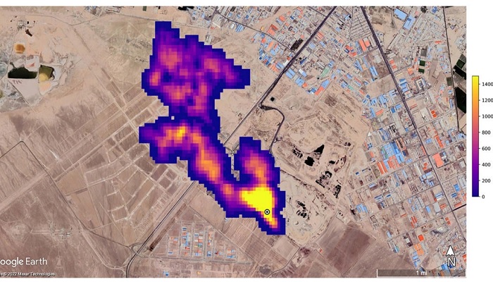 This released satellite image from NASA/JPL-Caltech shows a methane plume at least three miles (4.8 kilometers) long coming from a major landfill south of Tehran, Iran - NASA/JPL-Caltech/AFP