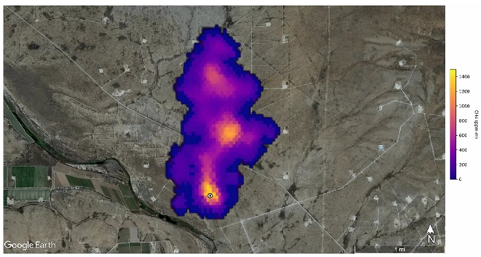 This released satellite image from NASA/JPL-Caltech shows a 2-mile (3.3-kilometer) plume of methane detected by the NASA Earth Surface Mineral Dust Source Investigation Mission southeast of Carlsbad, New Mexico - NASA/JPL-Caltech/AFP