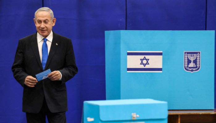 Likud chairman Benjamin Netanyahu casts his ballot at a polling station in Jerusalem in the countrys fifth election in less than four years on November 1, 2022.— AFP