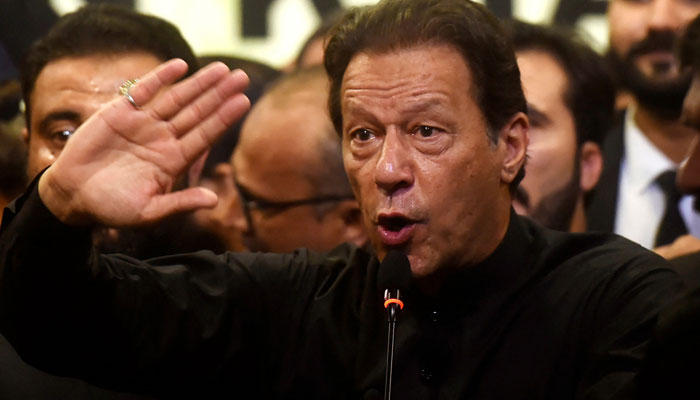Pakistans former Prime Minister Imran Khan speaks at an event of Karachi Bar Association in Karachi on October 14, 2022. — AFP/File