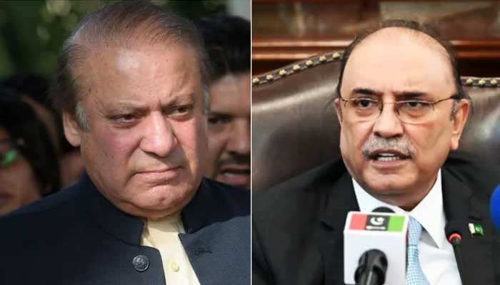PML-N supremo Nawaz Sharif (L) and PPP Co-chairman Asif Zardari (R) — Geo News/ Twitter/ PPP Media Cell/file