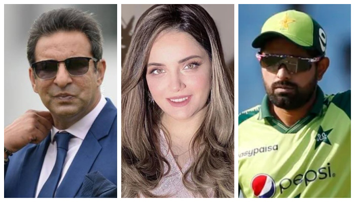 (L to R) Wasim Akram, Armeena Khan, Babar Azam. — AFP/Instagram/File