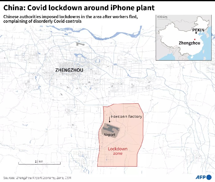 China: Covid lockdown around iPhone plant. — AFP